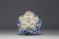 China - White-blue porcelain crocus vase decorated with Fô dogs, Kangxi mark under the piece.