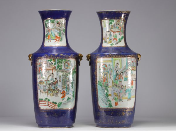 Large pair of blue powdered porcelain vases decorated with scenes of life from the 19th century