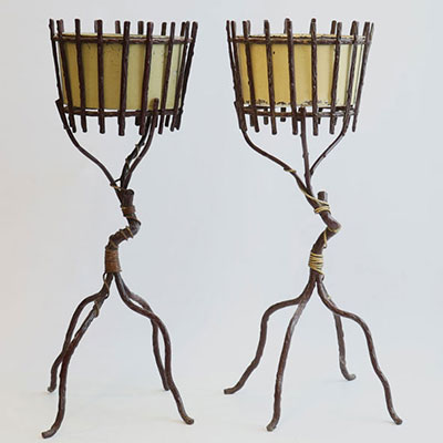 Jean Michel FRANK (1895-1941) Pair of pedestal planters in patinated cast iron decorated with interlacing branches with their metal baskets.