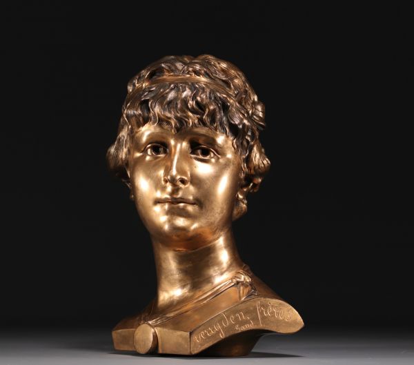 VERRYDEN Frères Gand - Bust of a young man in gilded bronze.