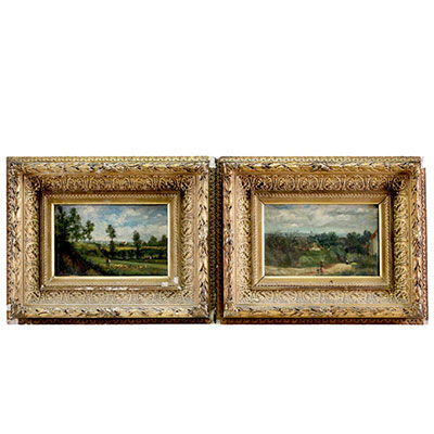 ‘A pair of small oil paintings on mahogany panel, 19th century, illegible signature.