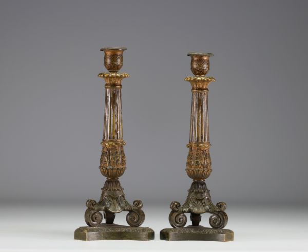 A pair of candlesticks in bronze with a double patina from the Charles X period.