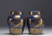 A pair of powder blue porcelain covered vases, decorated with roosters and flowers in gold, Qing dynasty, 19th century.