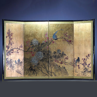 Japan - Screen with floral and bird decoration painted on gold leaf.