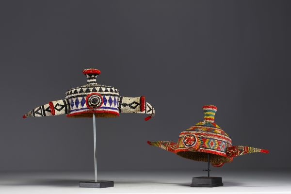 Africa DRC - Two ‘Misango’ headdresses made of glass beads, the prerogative of the Pende chiefs.