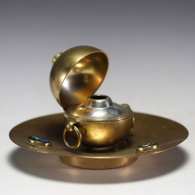 Italy - Bronze inkwell with floral decoration and stone marquetry, circa 1900.