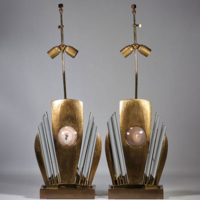 (2) Willy DARO (XXth century -XXIst century) Pair of gilded metal lamps with semi-precious stones - signed