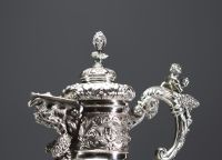 A very imposing ewer and tray in solid silver in the Italian Renaissance style.