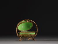 A Napoleon III period egg-shaped jewellery box in green opaline Palais Royal with brass mount.