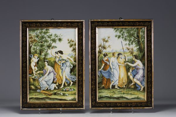 Pair of Castelli earthenware plaques with polychrome decoration of antique scenes, Italy, 18th century. Italian 18th century