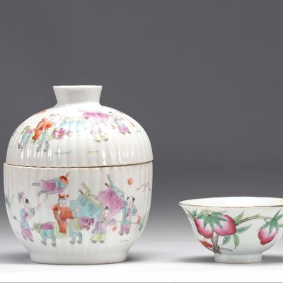 Covered pot and bowl in Famille Rose porcelain decorated with figures and peaches