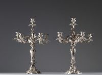 A pair of Louis XV style silver-plated bronze candelabras, 19th century.