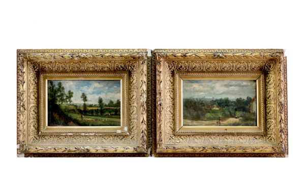 ‘A pair of small oil paintings on mahogany panel, 19th century, illegible signature.