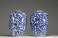 China - Pair of blue-white porcelain potiches with floral decoration, Qing period.