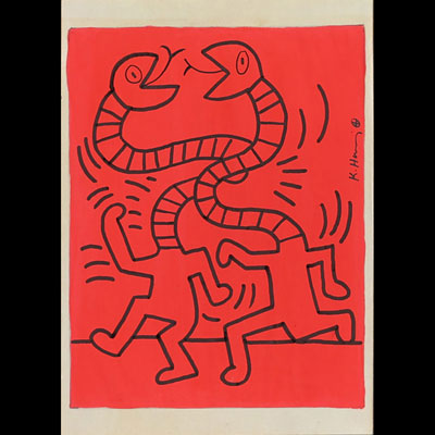 Keith HARING (1958-1990) Sans titre, 1984, peinture sur papier A4, cachets The Keith Haring Estate - Nakamura Keith Haring Collection - MoMa - The Keith Haring Foudation inc.