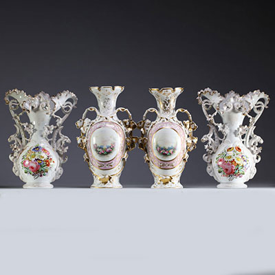 19th century Brussels porcelain vases and cones decorated with flowers.