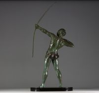 Jean DE RONCOURT (19th-20th century) ‘The Archer’ Large Art Deco sculpture in green patina regula on black marble base, circa 1930.