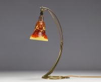 Art Nouveau bronze lamp with acid-etched tulip 