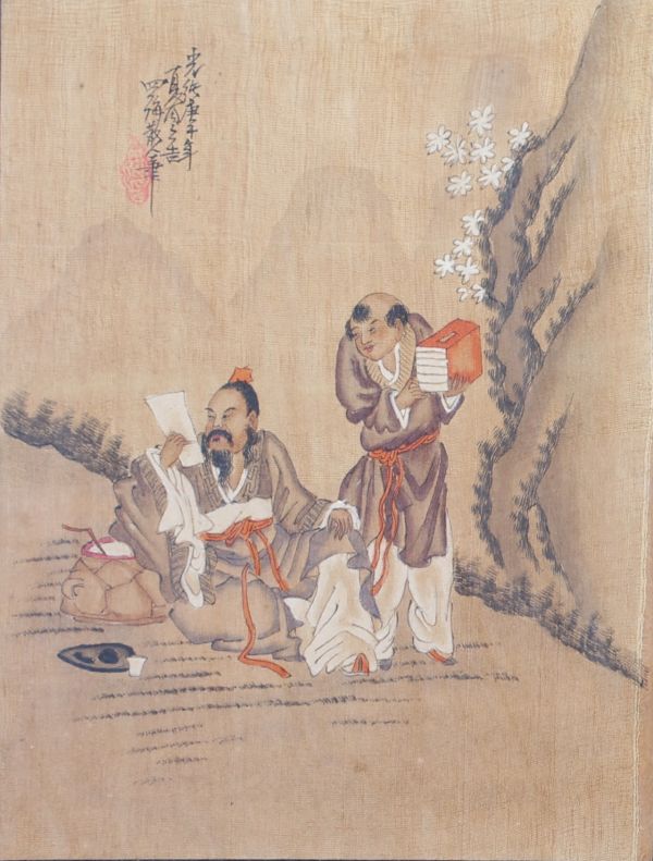 China - Set of six paintings on silk, representation of wise men and dignitaries, early 20th century.