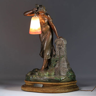 Imposing Art Nouveau lamp, young woman at a pond