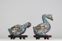 China - A pair of bronze and cloisonné enamelled duck incense burners, 19th-20th century.