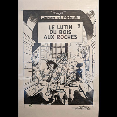 Krings Jean-Marc  dessinateur BD né en 1969 Superbe dessin de couverture revisité de la série Johan et Pirlouit, un vibrant hommage à Peyo datant des années 2000