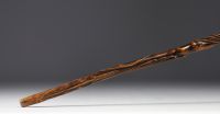 Art Populaire - Carved wooden cane with a hand holding a bird, fully carved shaft.