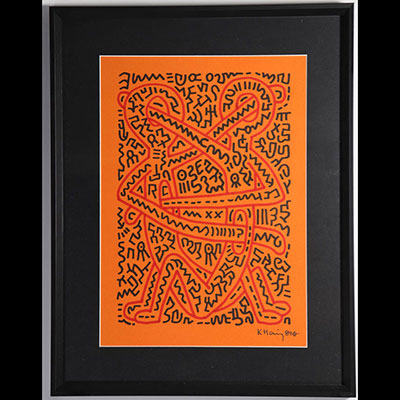 Keith Haring - Human Fusion, 1984 Black and red ink on orange paper. Hand signed and dated lower right. Sold with a certificate