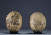 Rare pair of engraved ostrich eggs, British colonisation of the Americas, 18th-19th century.