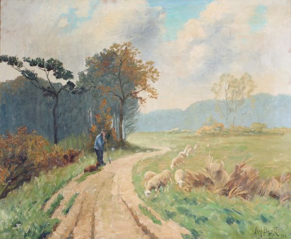 Paul Léon BAYART (1861-1921) “Shepherd and sheep” Oil on canvas, signed and dated 1916.