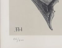 Lithograph depicting a dragon, monogrammed FH. numbered 84/300 and unidentified signature.