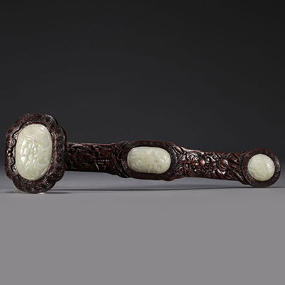 China - Large Ruyi scepter in carved Zitan wood and celadon jade, decorated with bats and peaches.