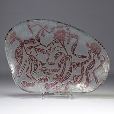 Bowl with acid-etched African decoration from the 1950s - Austrian work