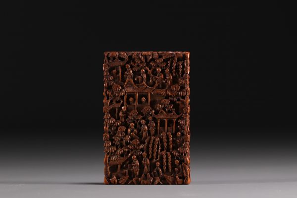 China - Wooden card box carved with characters, Canton, 19th century.