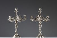 A pair of Louis XV style silver-plated bronze candelabras, 19th century.