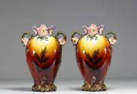 Pair of Art Nouveau majolica earthenware vases, probably from the Nimy faience factory, circa 1900.