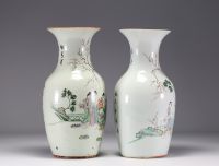 China - A pair of famille rose porcelain vases with courtesans, early 20th century.