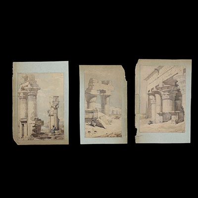 David ROBERTS (1796-1864) attr. à - Trois vues du Temple d'Edfou, crayon et aquarelle sur papier, vers 1838.