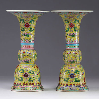 China - Pair of porcelain vases on a yellow background with floral decoration, Qing period.