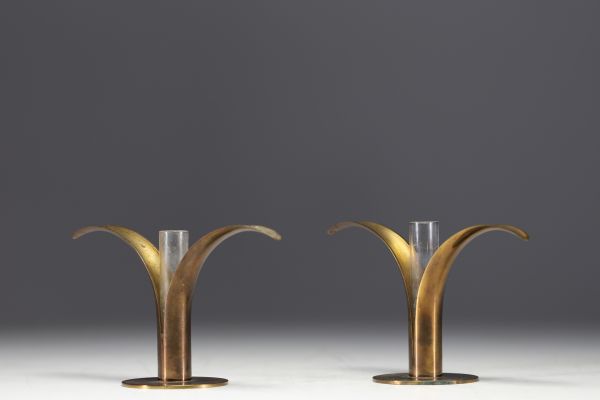 Ivar Alenius BJORK (1905-1978) - Pair of brass and glass soliflor vases for Ystad Metall, circa 1930-40.