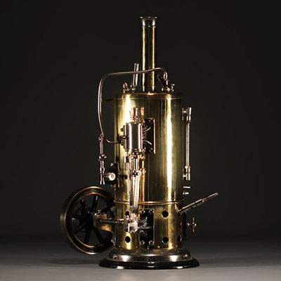 Vertical steam engine with whistle, circa 1900-1920.