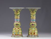 Chine - Paire de vases en porcelaine sur fond jaune à décor floral, époque Qing.