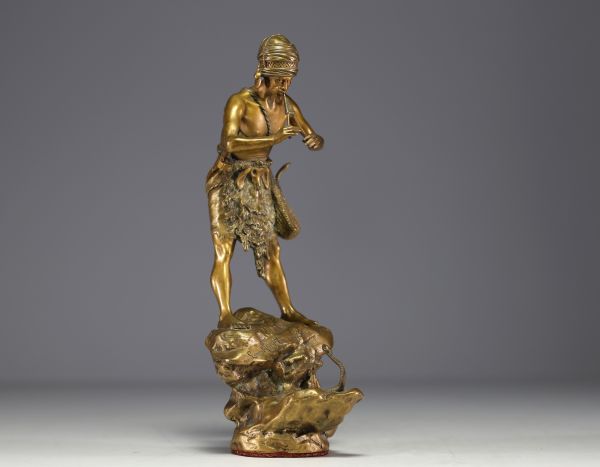 Léon HINGRE (1860-1926) ‘Le charmeur de serpent’ Bronze with golden patina, signed, foundry stamp ‘Louchet, Ciseleur, Paris’.