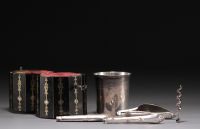 Rare veneered and marquetry travel box, silver cutlery and tumbler, 19th century.