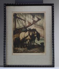 Kurt PEISER (1887-1962) ‘Draft Horses on the Harbour’ Colour lithograph, signed and countersigned in the margin.