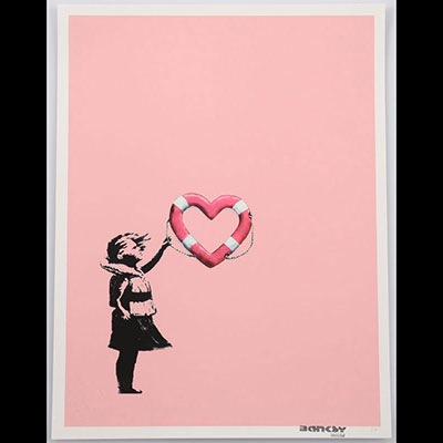 Banksy (after) Polychrome screenprint after Banksy - Girl with heart-shaped float on blue background