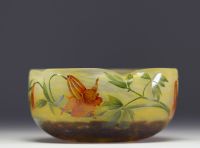 DAUM Nancy - Four-lobed cup in acid-etched marmorated glass with enamelled decoration of columbine flowers, signed.