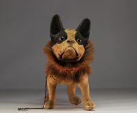 French bulldog toy in papier-mâché on wheel, circa 1930.