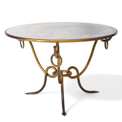 René DROUET (1899-1993) Coffee table, base in wrought iron, top in oxidised mirrored glass.