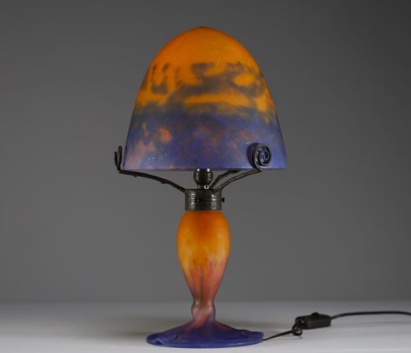 MULLER Frères Lunéville - Lampe champignon Art Nouveau en verre marmoréen, double signature.